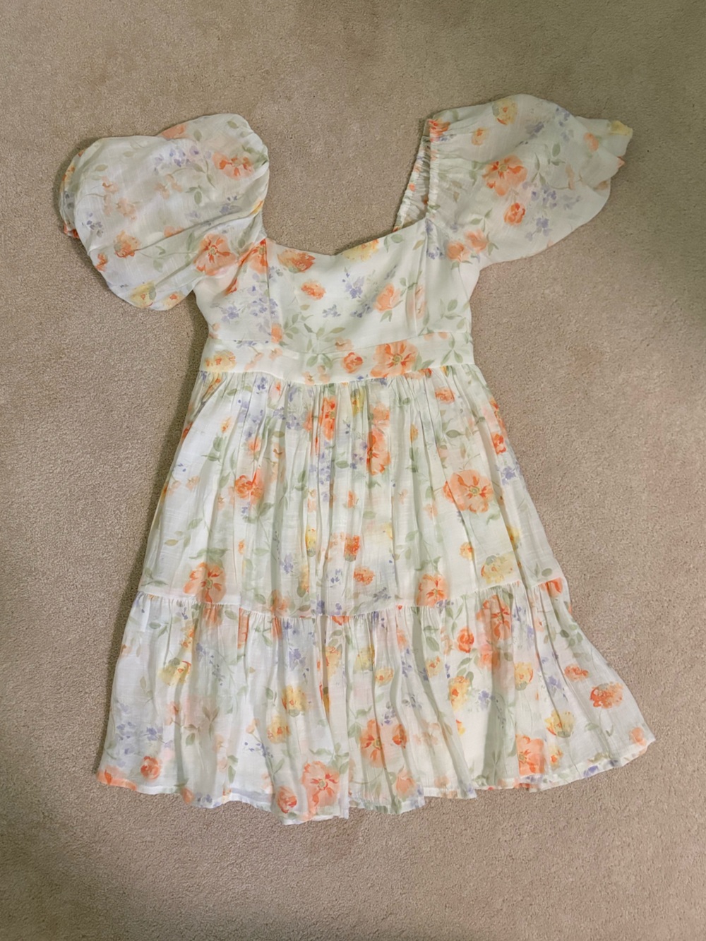 NWOT White Floral Puff-Sleeve Dress with Orange Accents